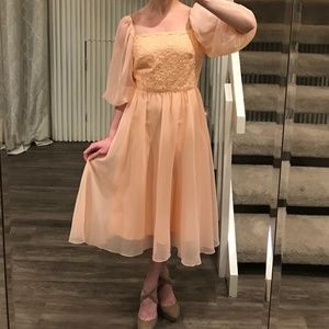 Vintage Peach-Pink Dress with Puffed Bishop Sleeves, Noel Sophisticates, S